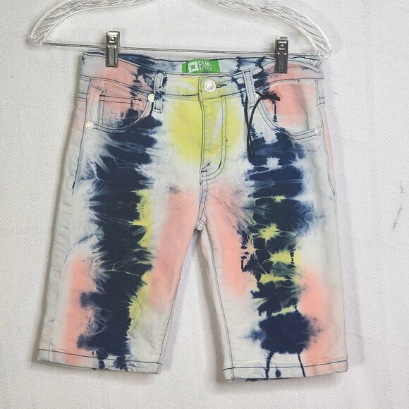 Demolition Acid Wash Tie Dye Pink Blue Yellow Stretch Cotton Denim Shorts Sz 10 - Picture 1 of 16